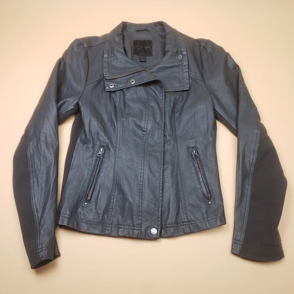 RD Style Womens Moto Biker Jacket Crop Faux Leather Zip Small Stretchy Collard